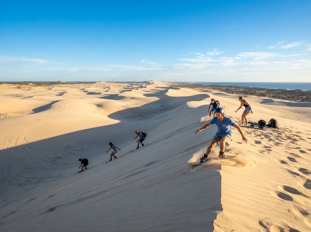 Vast pale sand dunes near Lancelin with sandboarders under a blue sky