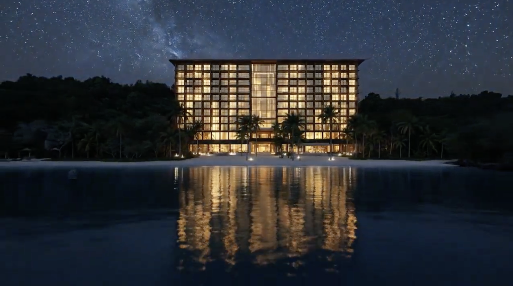 Port Yves Palace 9 szintes tengerparti homlokzat éjszakai csillagos égbolttal — Koh Rong, Cambodia