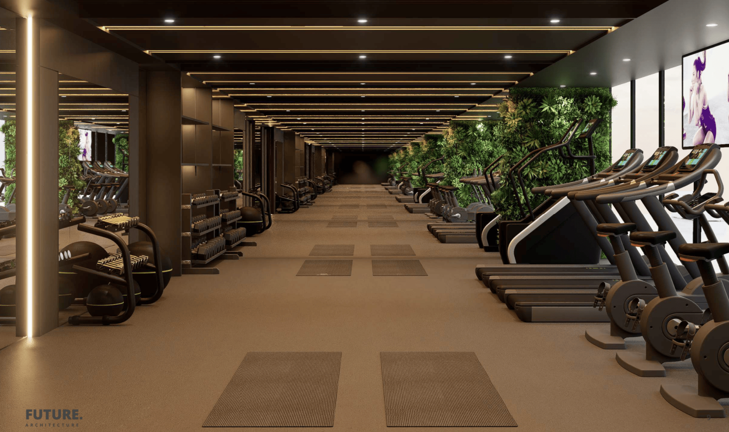 Prémium fitness & wellness terem modern edzőgépekkel és zöldfallal