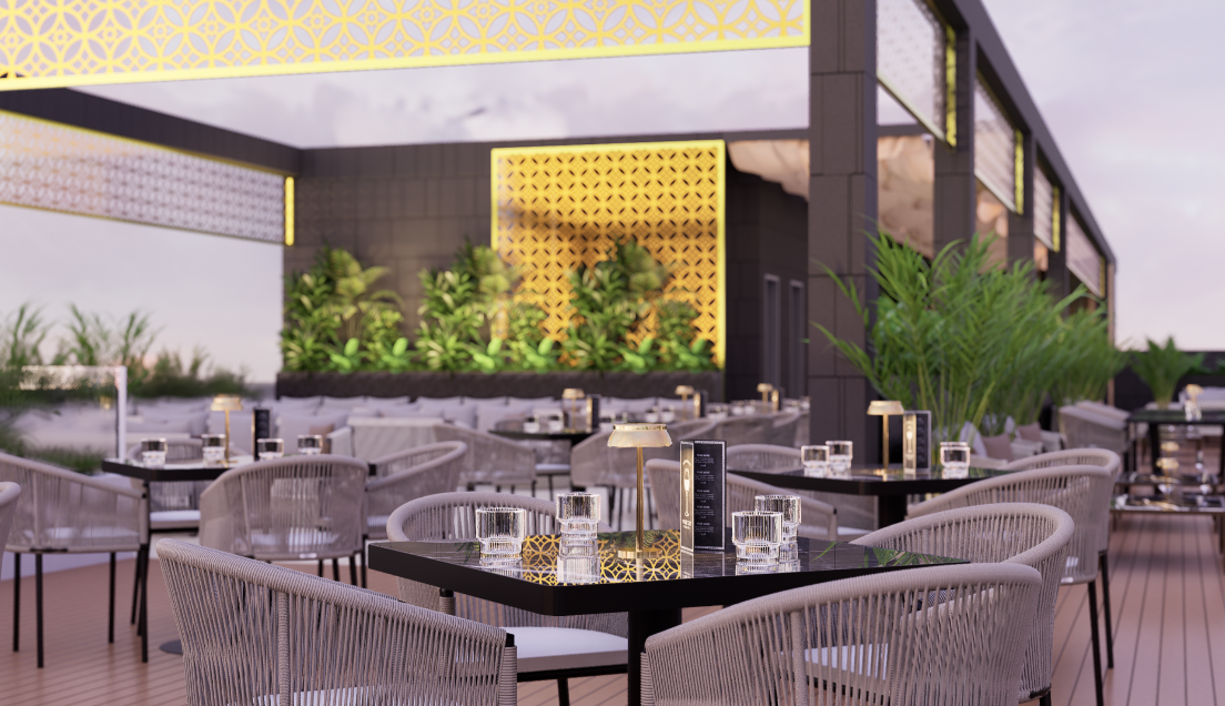 Szabadtéri tetőterasz és naplementés panoráma lounge étterem