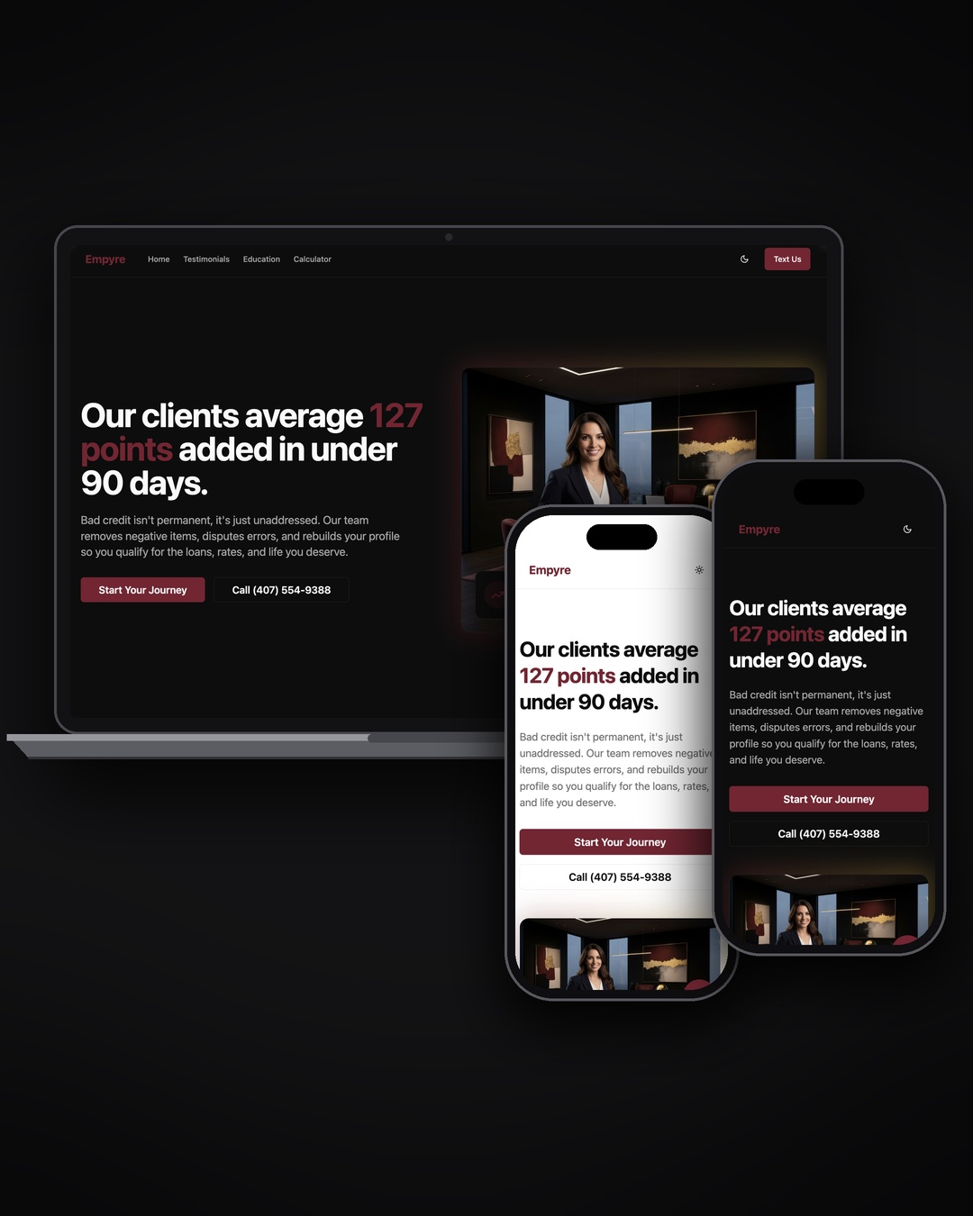 Empyre Credit Solutions website mockup on laptop and mobile