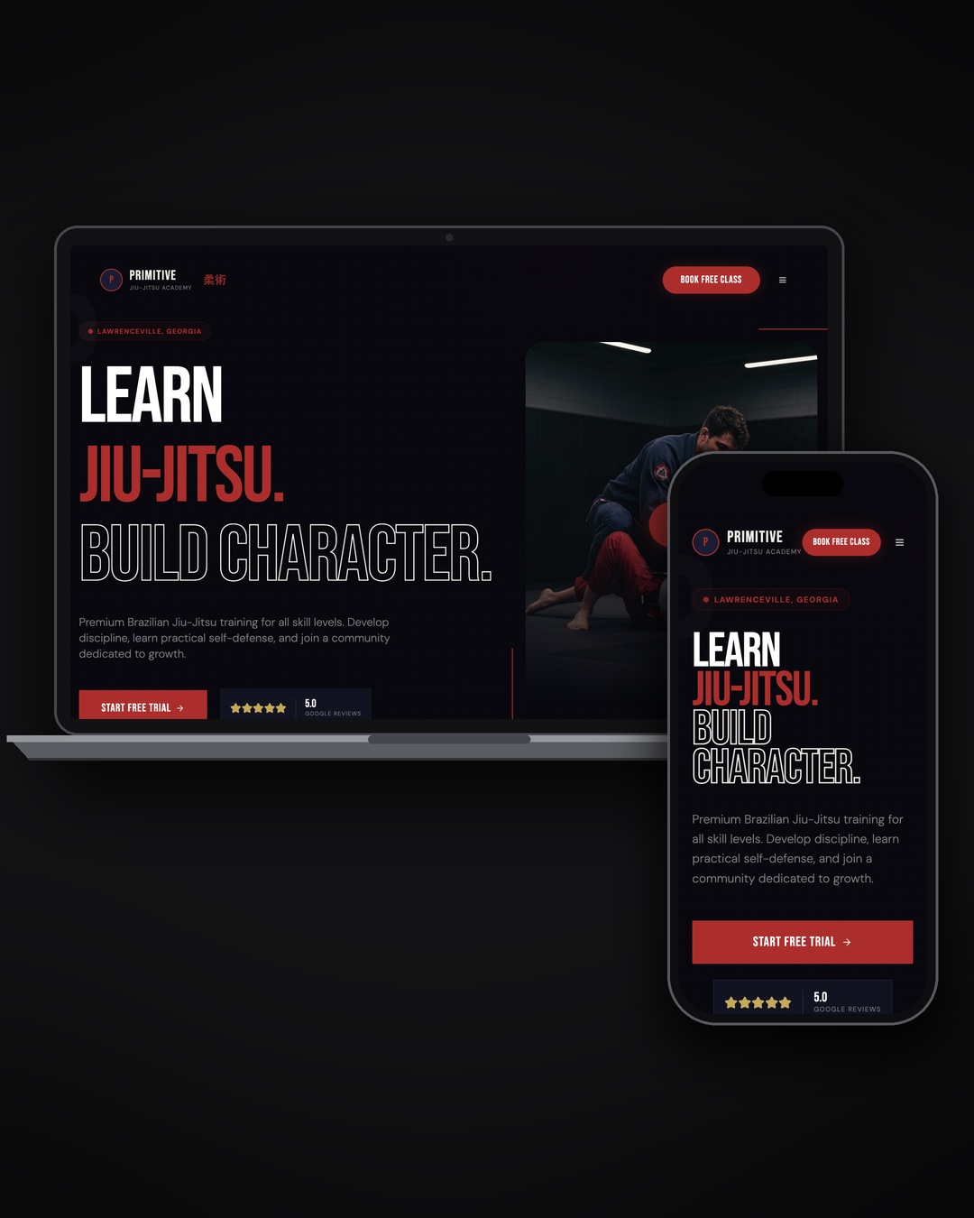 Primitive Jiu-Jitsu Academy website mockup on laptop and mobile