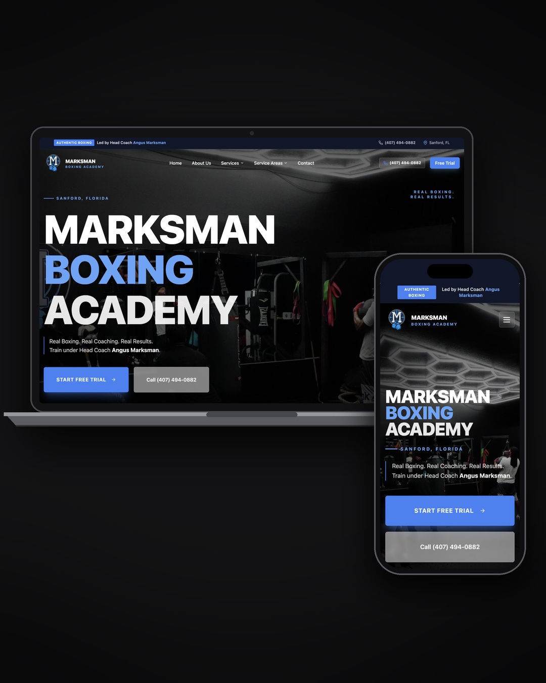 Marksman Boxing Academy website mockup on laptop and mobile