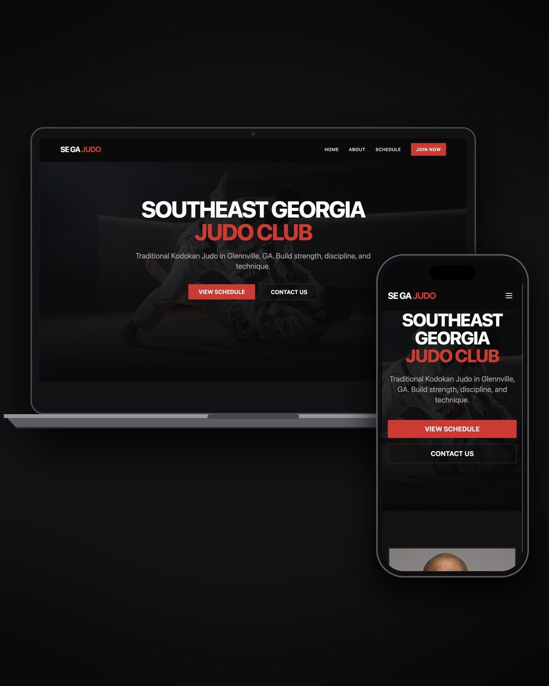 Southeast Georgia Judo Club website mockup on laptop and mobile