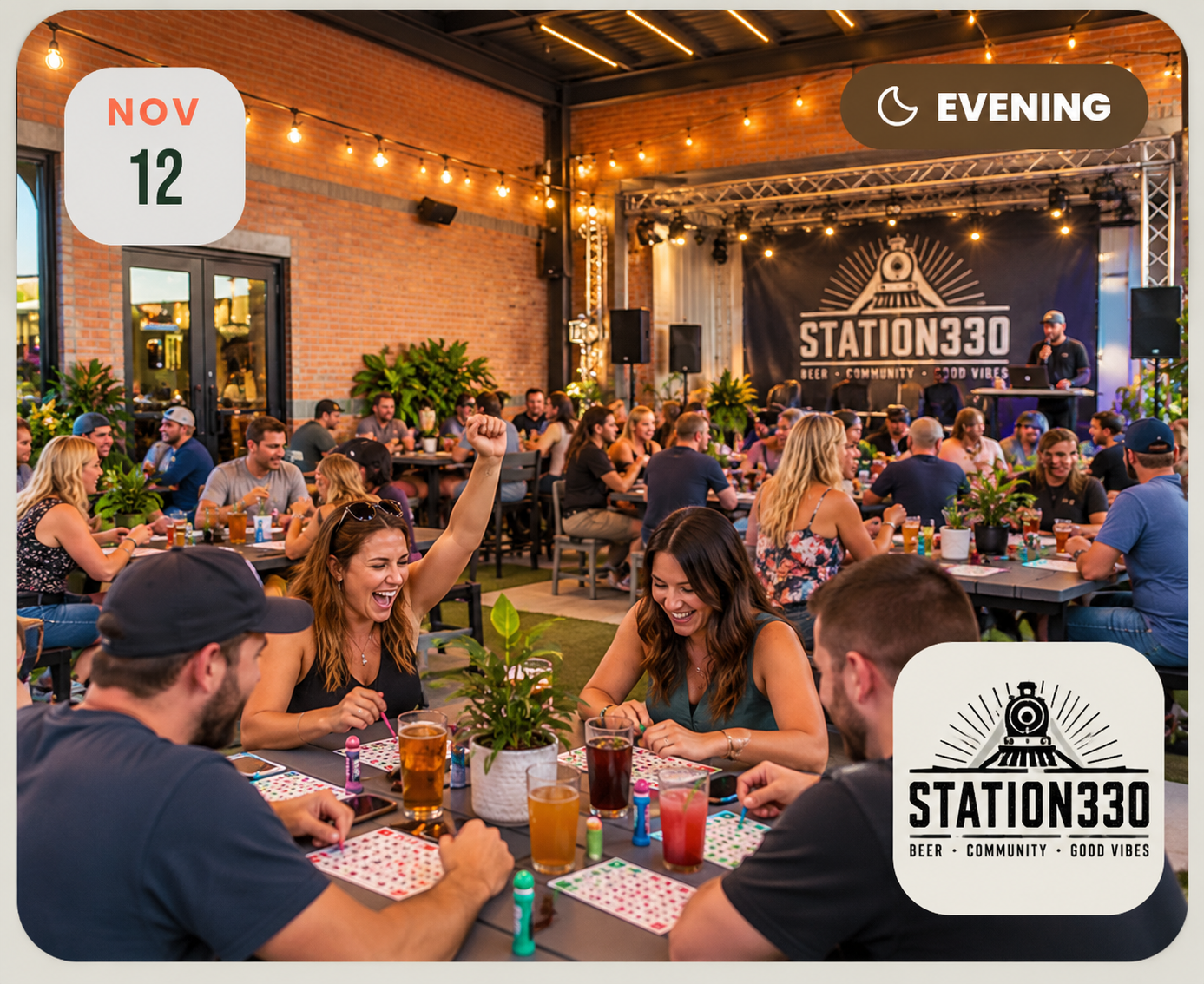 Station 330 Burleson event patio and stage area for Music Bingo
