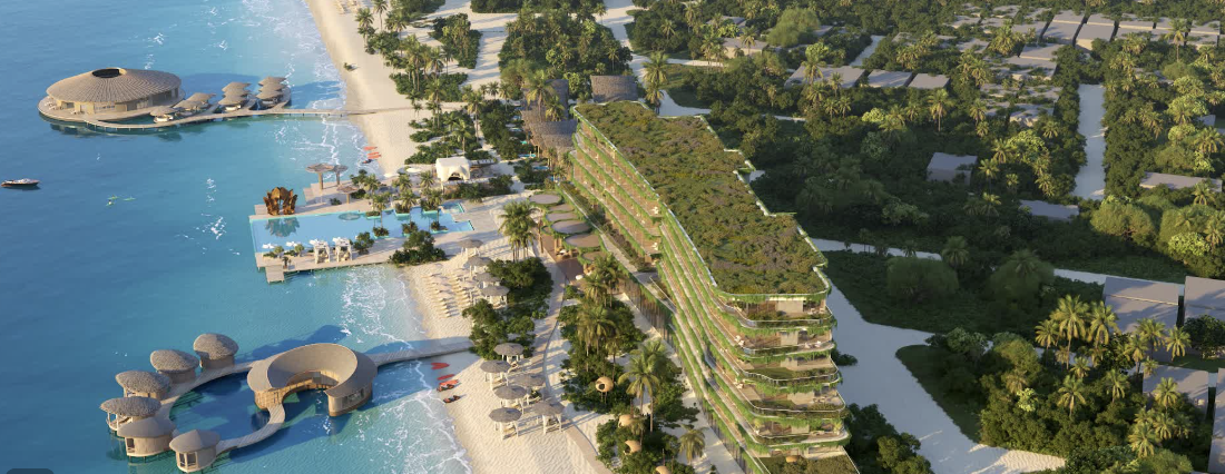 Radisson Resort hotel épület, tetőkerti zöldtető és tengerparti trópusi pálmaliget