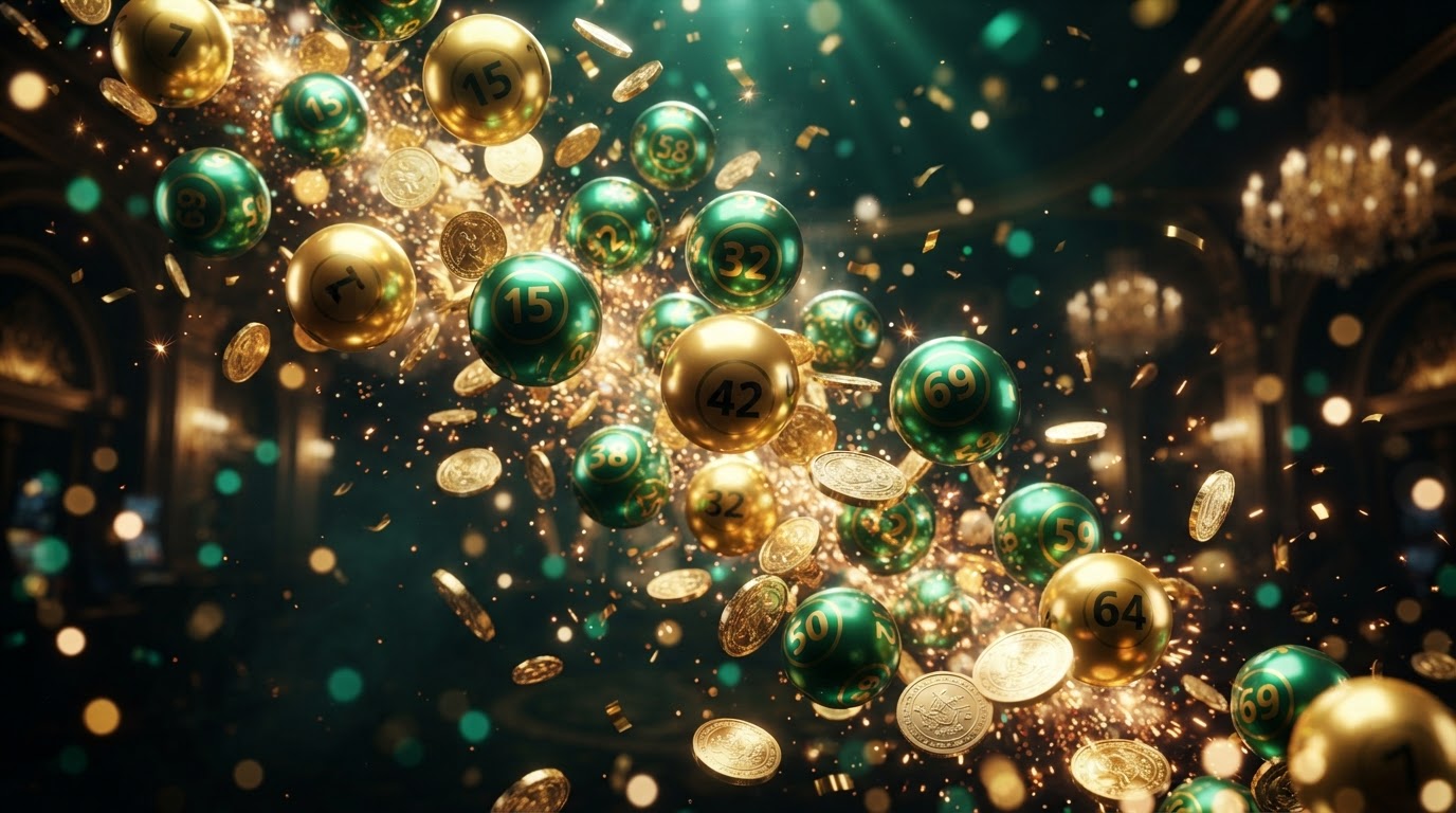 Glossy golden and emerald-green lottery balls