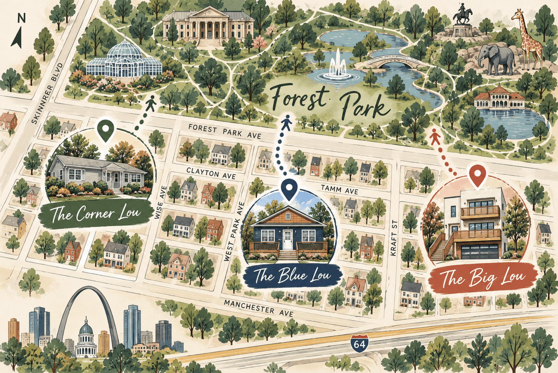 Illustrated map of Dogtown vacation rentals and their walkable routes to Forest Park and St. Louis landmarks