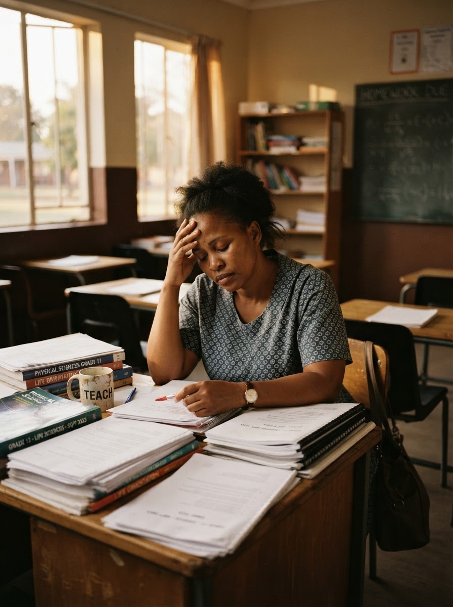Exhausted Black South African teacher overwhelmed by classroom stress and burnout - Bonny Mogano educator wellness counselling