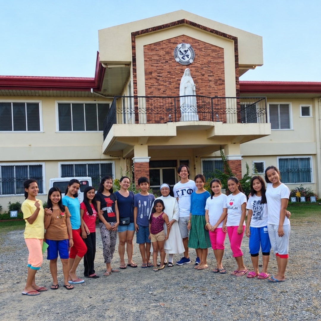 A large group of youth, organizers, and sister gathered in front of the Santa Marina Omura Home facade.