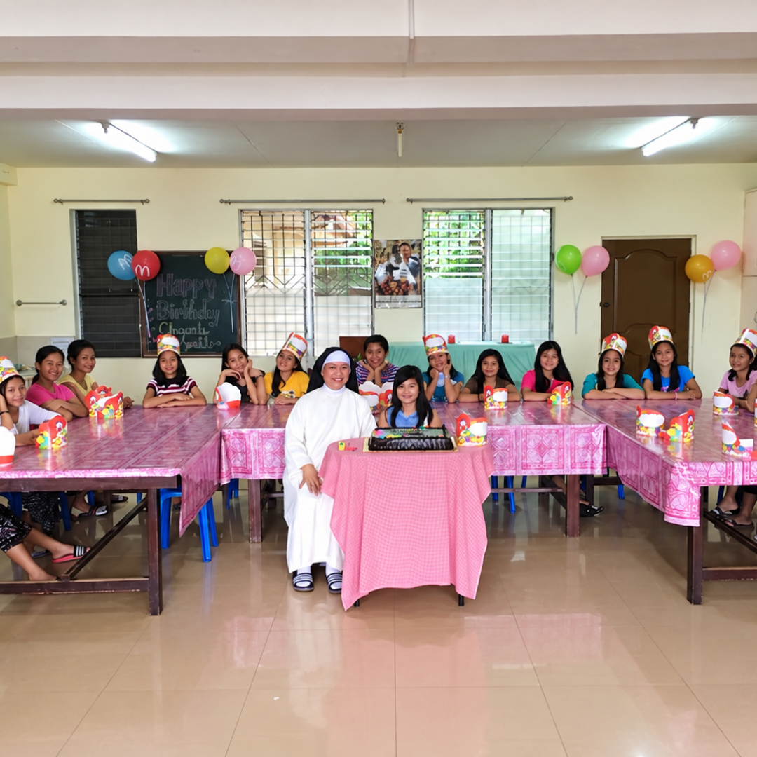 Sister and children seated around a celebration table at Omura Homes.