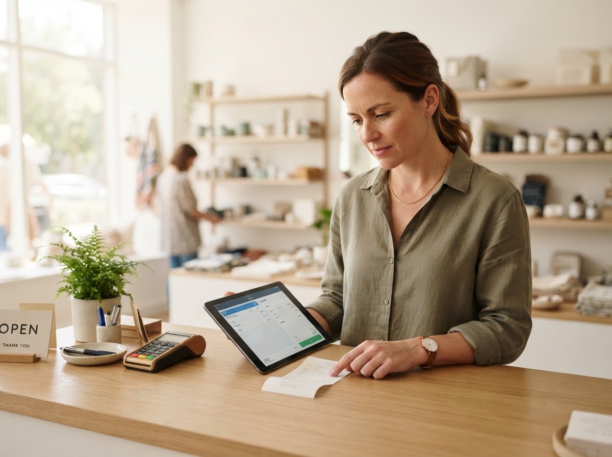A small business owner reviewing a tablet and a receipt behind the counter of a clean, tidy independent shop