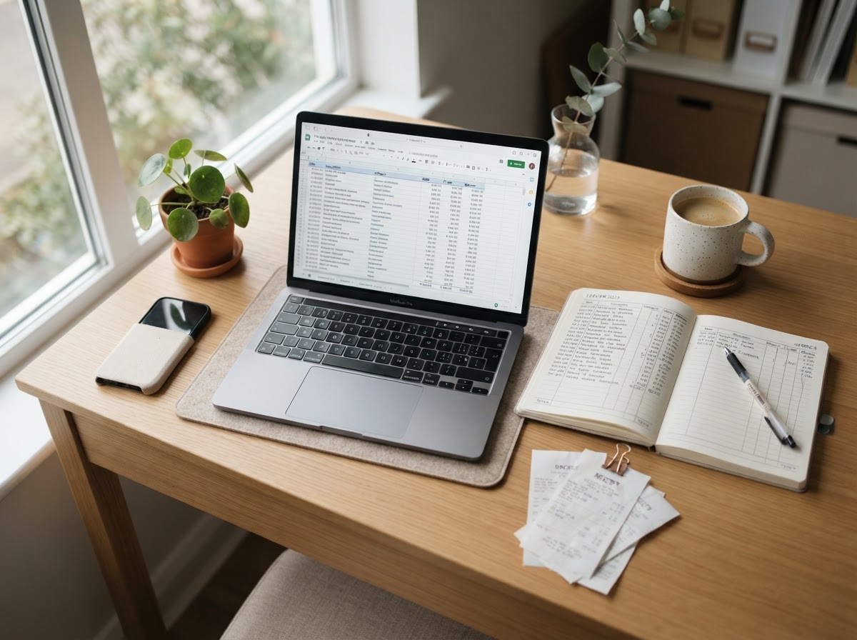 A tidy bookkeeper's desk with an open laptop showing a spreadsheet, a paper ledger notebook and a pen in soft daylight