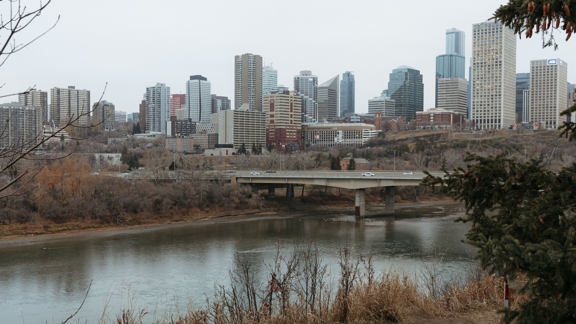 Edmonton skyline at sunset over the river valley
