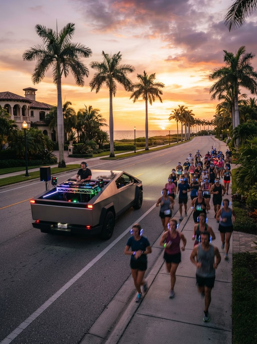 Runners in glowing headsets chasing a DJ on the back of a Tesla Cybertruck along a palm-lined road at sunset