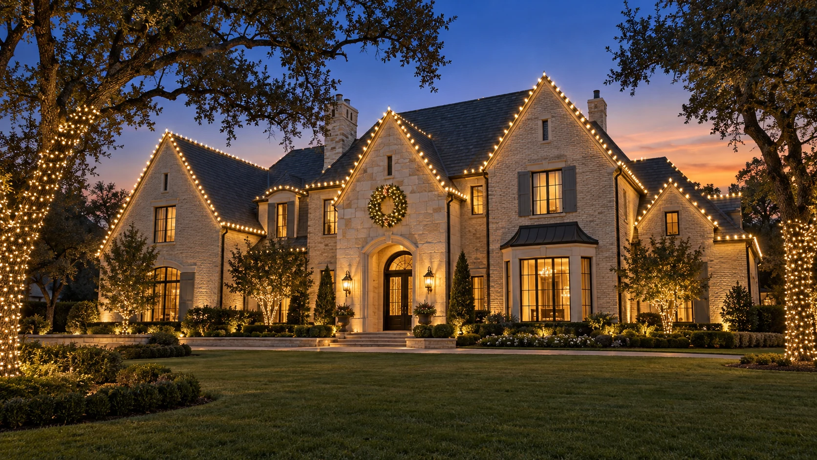 Classic stone home with warm white Christmas lights along the roofline and trees