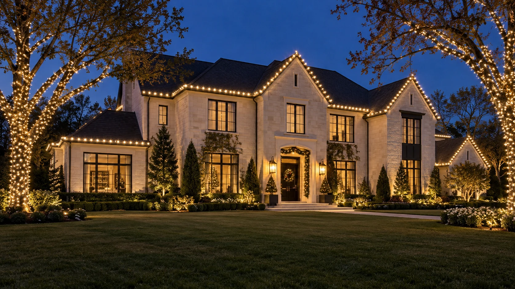 Limestone home illuminated with warm white holiday roofline and tree lighting