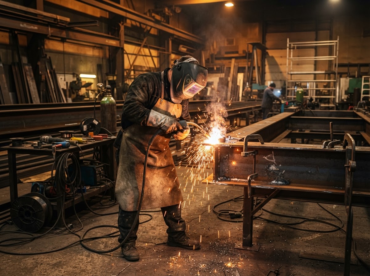Welder fabricating steel beams in the Best Metal Buildings shop