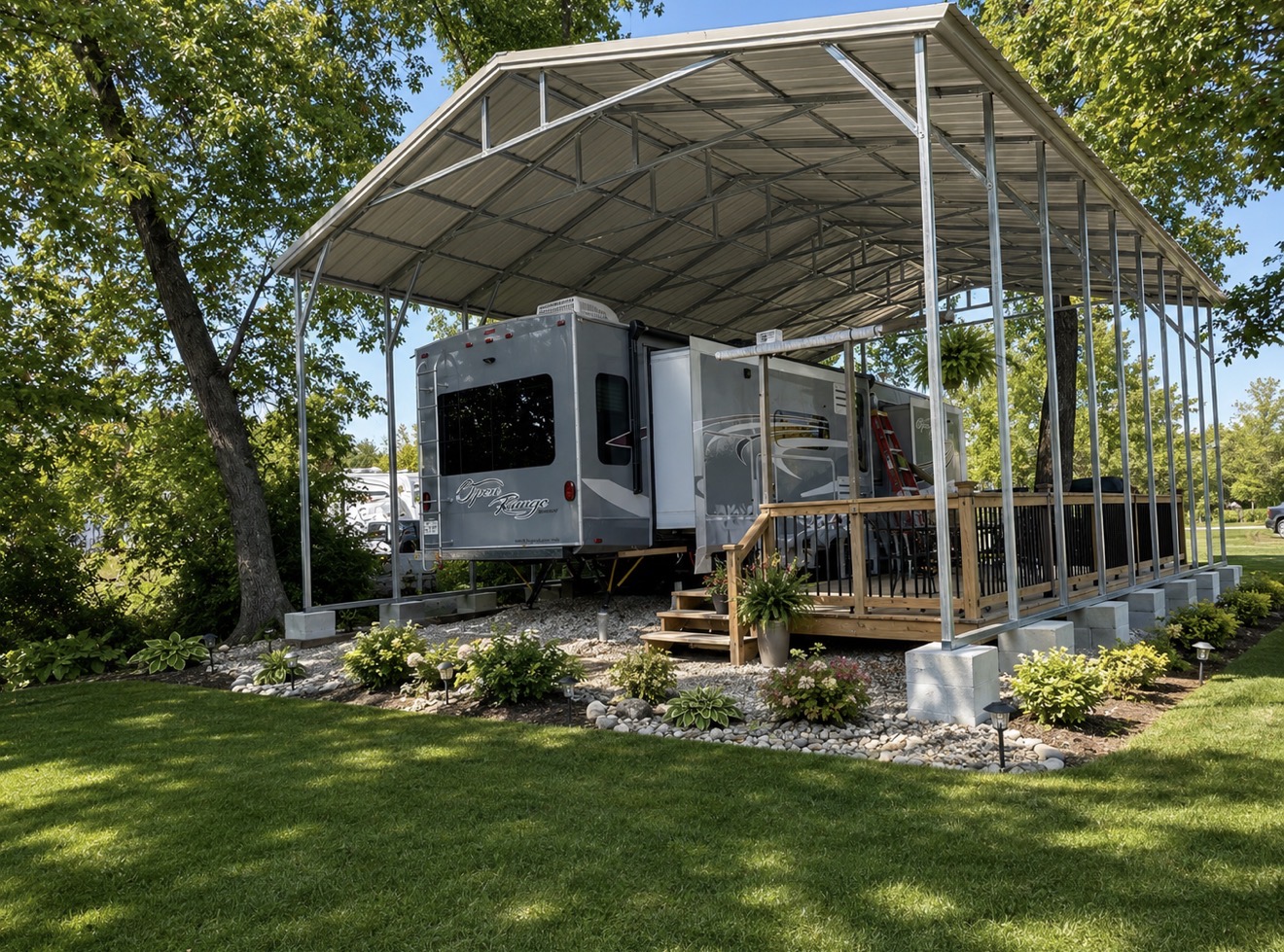Custom High-Clearance RV Shelter with Raised Deck