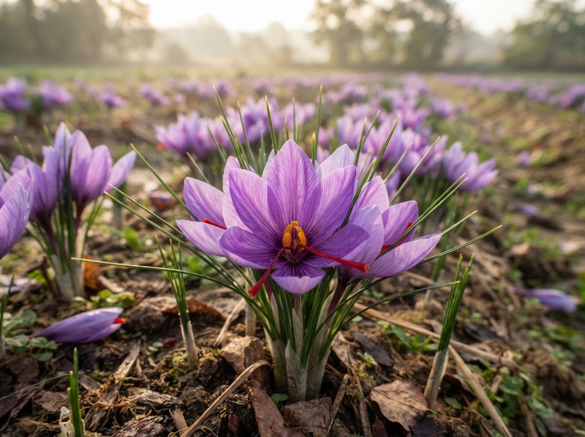 Purple saffron crocus flowers with red stigmas in cultivation at Bhullar Orchards