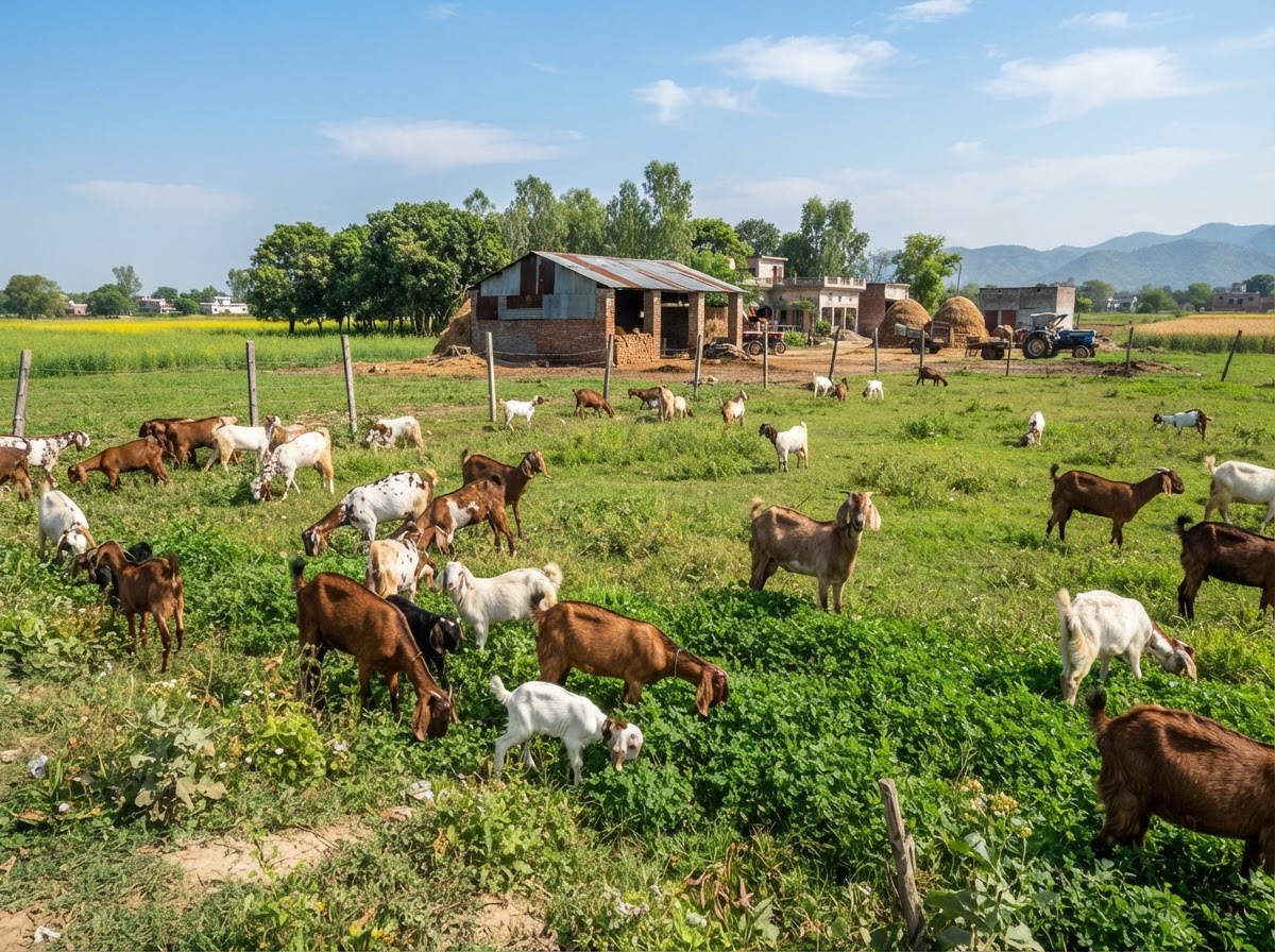 Healthy goats grazing on pasture at Bhullar Orchards diversified farm, Bathinda, Punjab