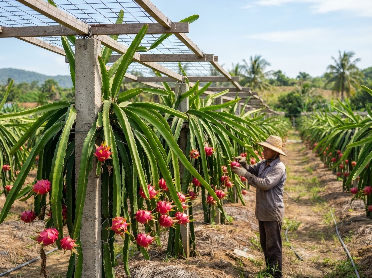 Pink dragon fruit growing on climbing cactus pitaya trellis at Bhullar Orchards, Punjab