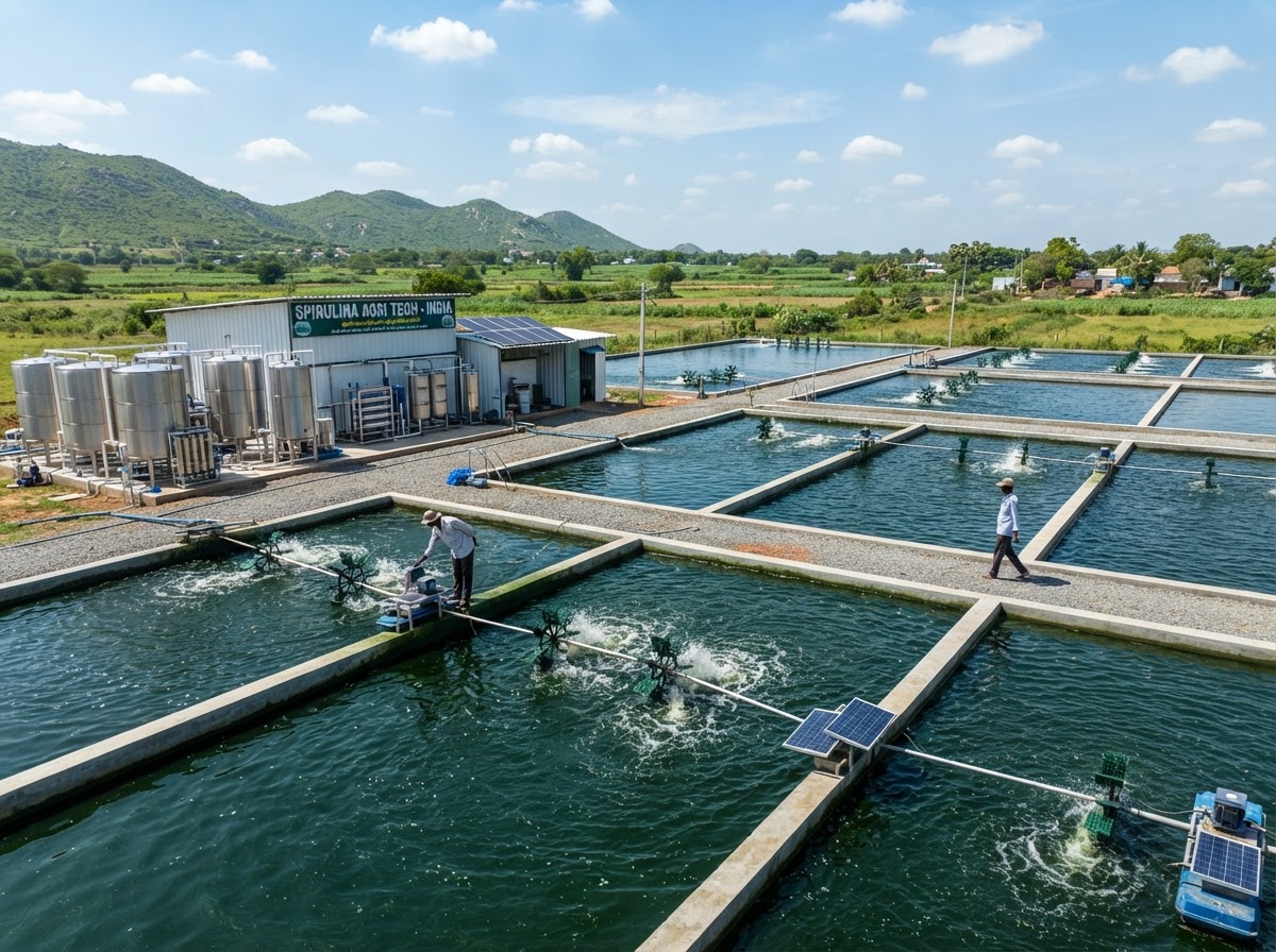 Vibrant green spirulina algae growing in open cultivation tanks at Bhullar Orchards
