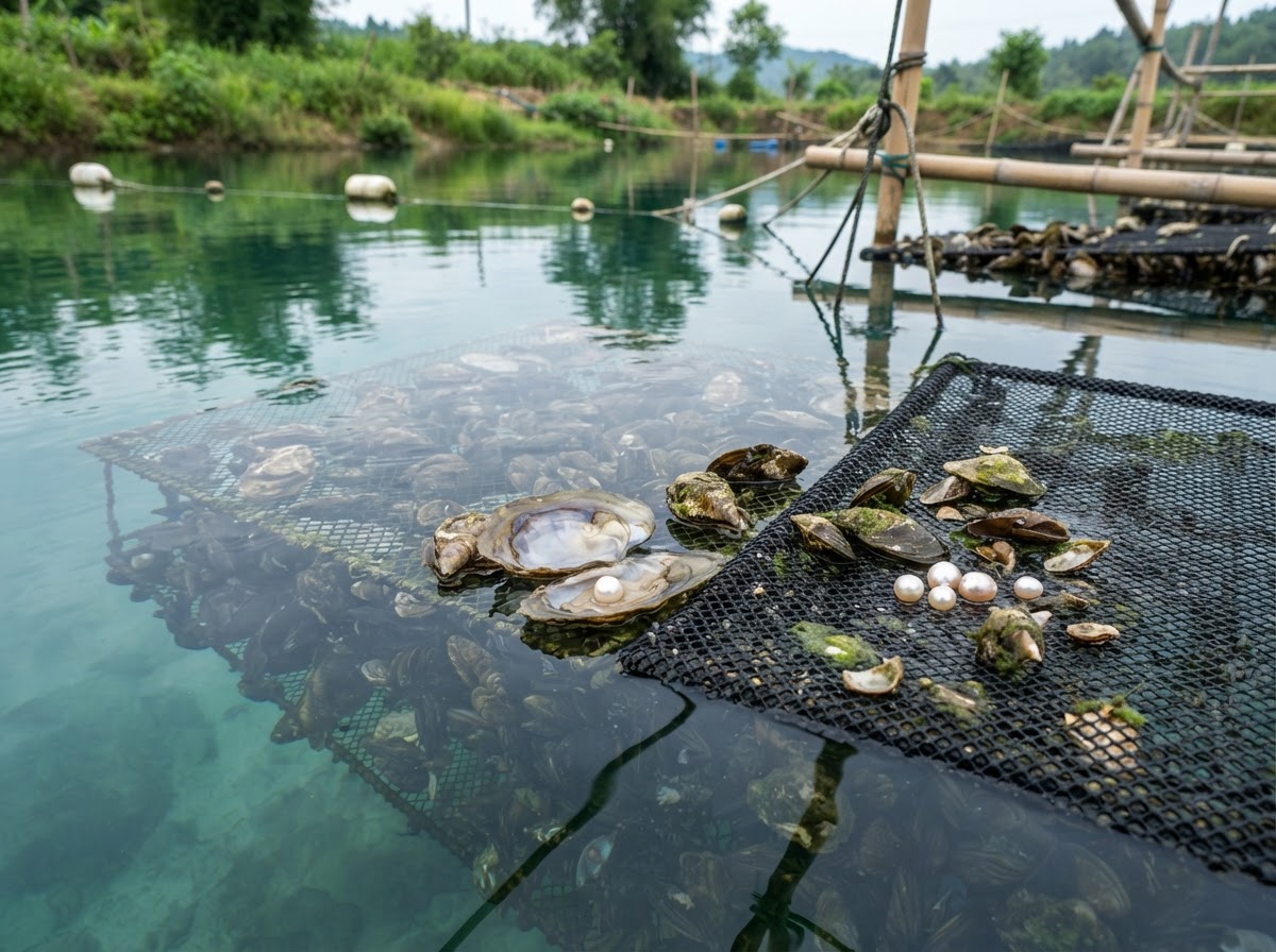 Freshwater pearl oysters and luminous pearls in a calm farm pond at Bhullar Orchards, Punjab
