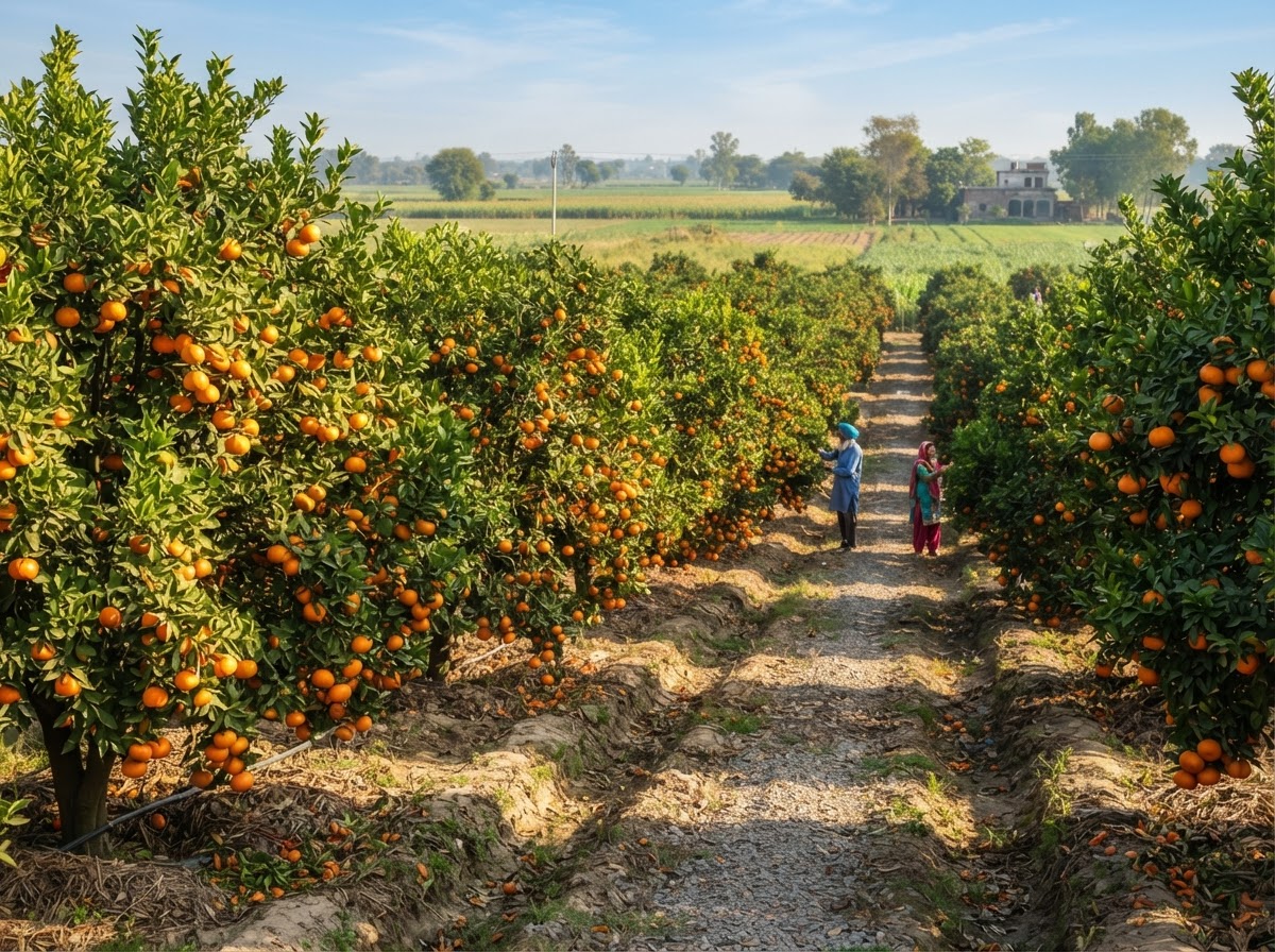 Ripe orange Kinnow mandarin fruit hanging on green citrus trees at Bhullar Orchards, Bathinda, Punjab