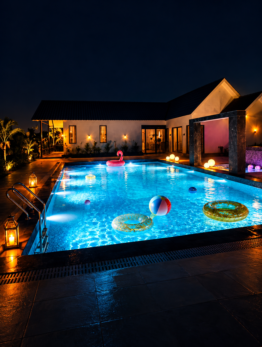 Bali villa illuminated pool with floats at night