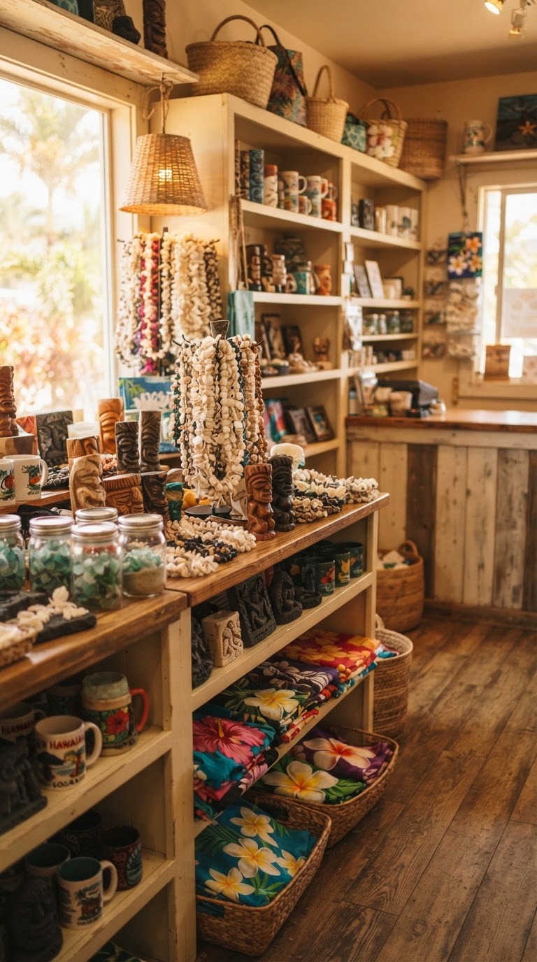 Island-themed souvenirs and gifts on display inside Karen Island Gift Shop in Kihei, Maui