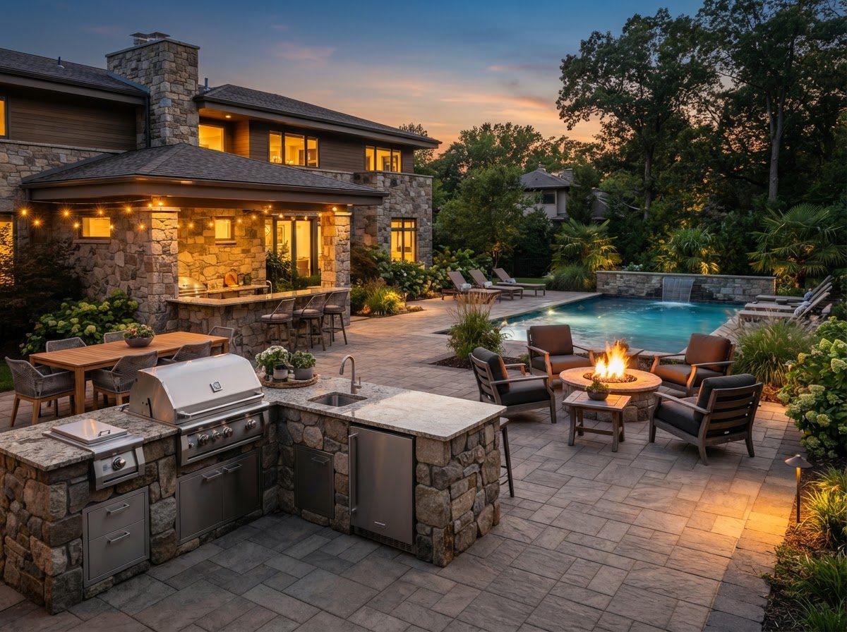Mountain Lake pool with outdoor kitchen in Rehoboth, MA
