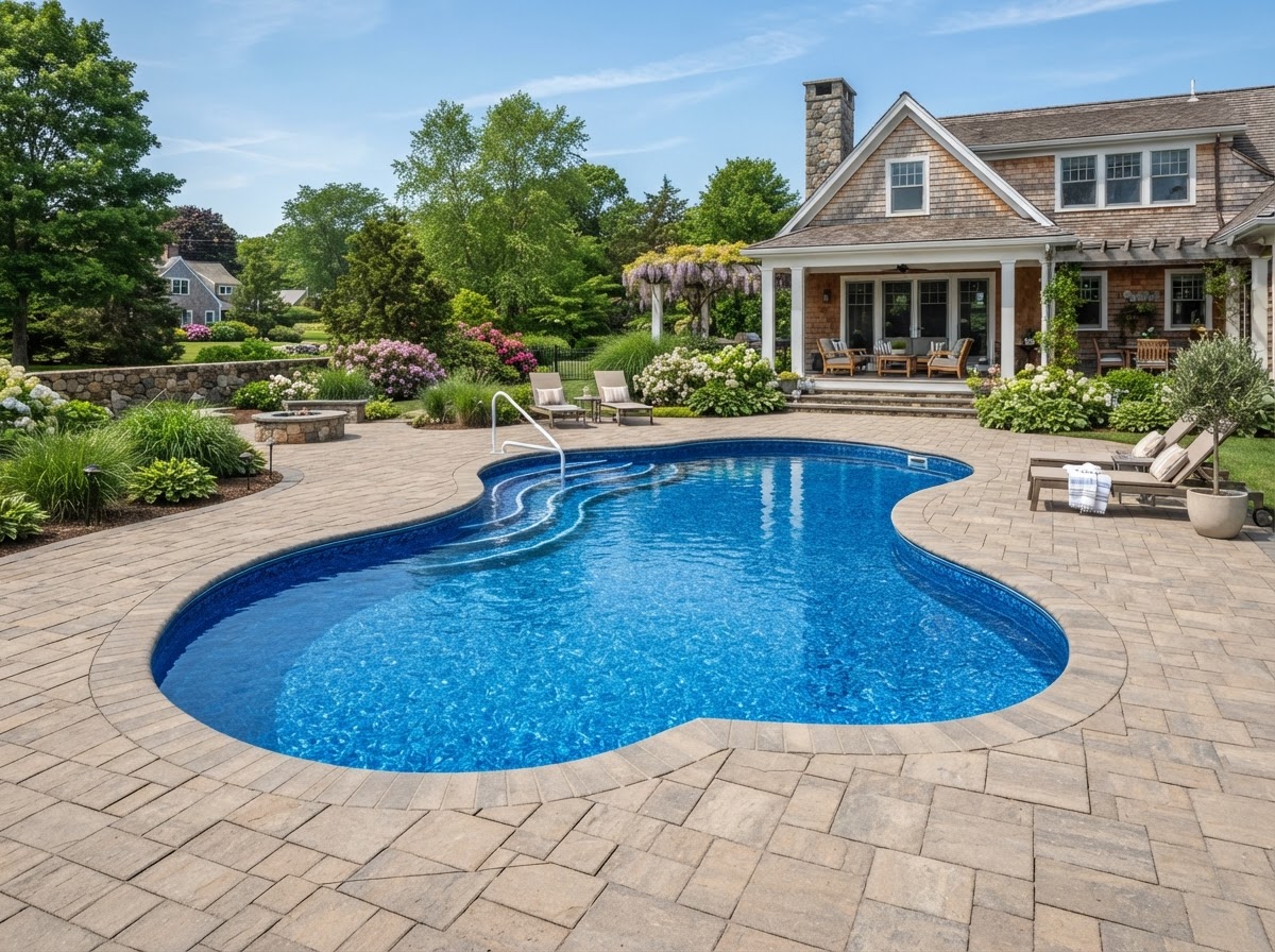 Deep azure vinyl liner installation in Dartmouth, MA