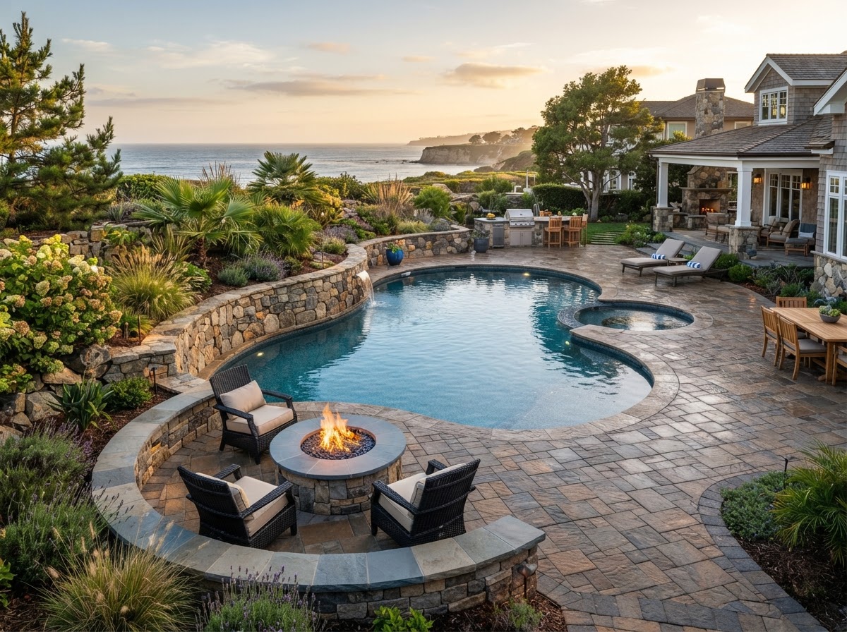 Custom pool with engineered retaining wall in Somerset, MA