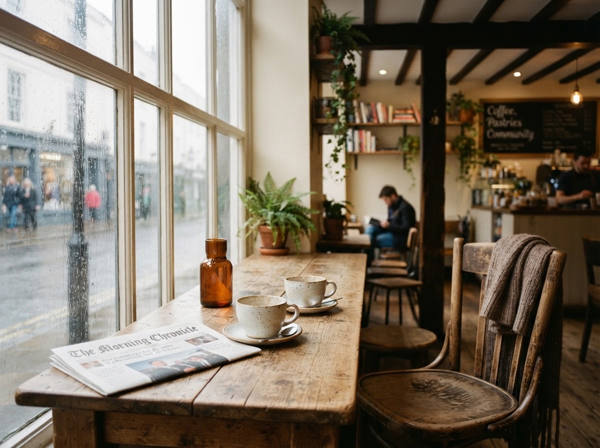 A wooden regulars' table by a rain-streaked window, two cups and a folded newspaper in soft morning light