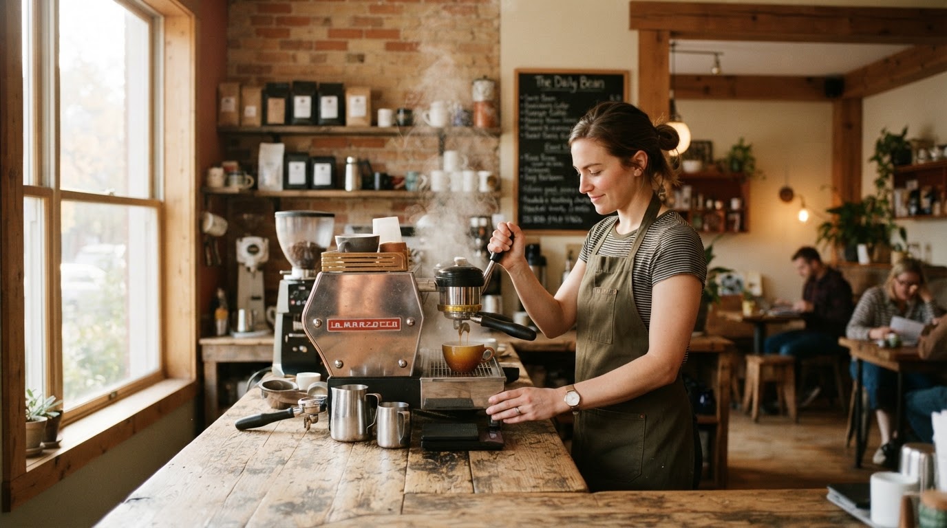 Barista pulling an espresso shot at the Ember & Oak counter in warm morning light