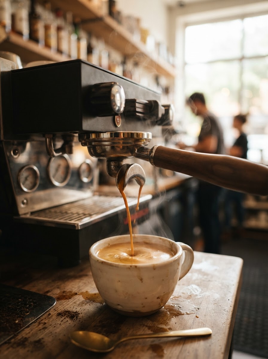 Close-up of espresso pouring from a portafilter into a ceramic cup with rising steam