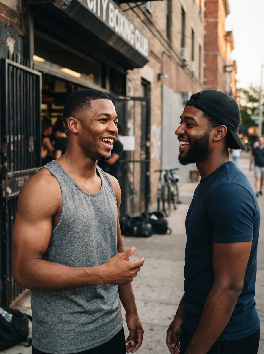 Sean laughing with his manager Elijah outside a gym entrance in warm afternoon light