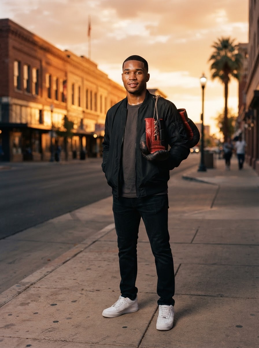 Sean on a quiet downtown Phoenix street at golden hour in a black bomber jacket, gloves over one shoulder