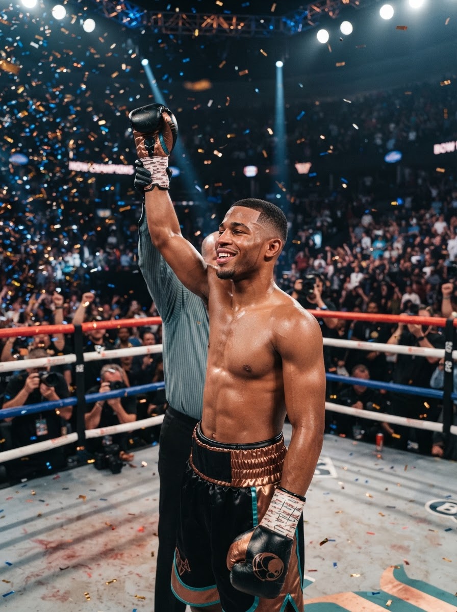 Sean standing center ring with his glove raised, confetti and arena lights around him