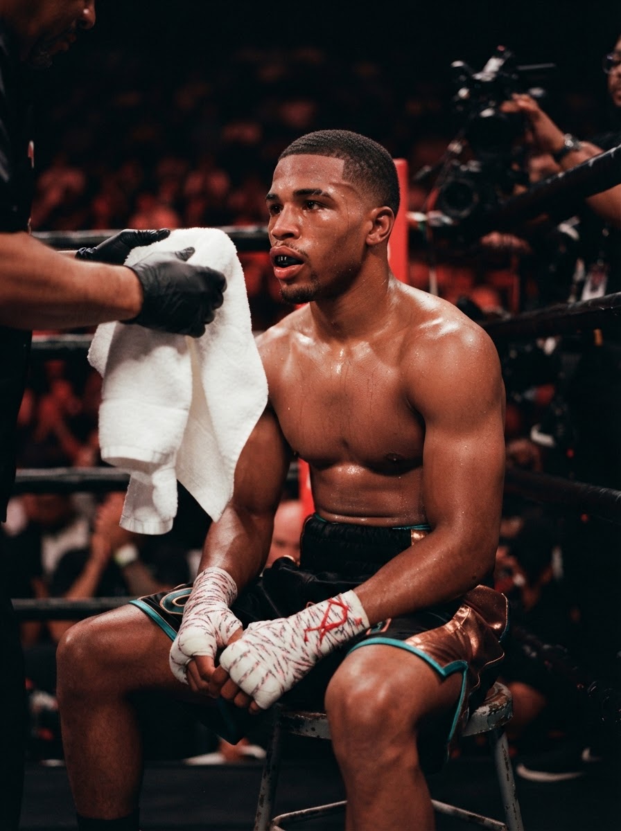 Sean on a stool in his corner between rounds, eyes locked forward in red corner light