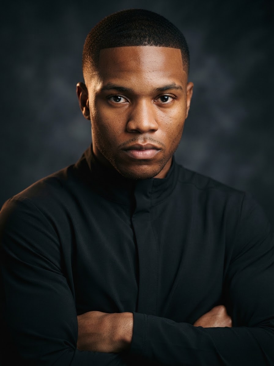 Studio headshot of Sean against a dark charcoal backdrop with warm rim light, arms crossed