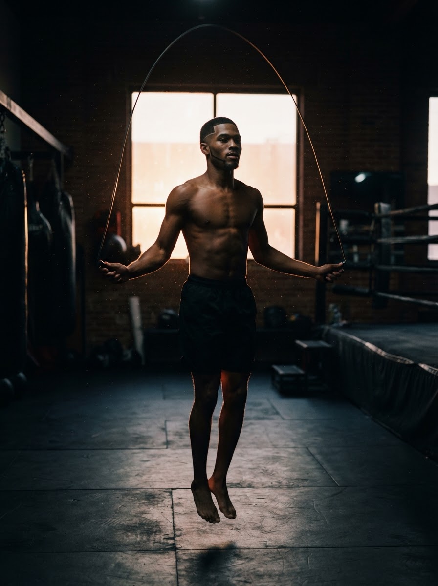 Sean jumping rope in a dark gym, backlit silhouette with orange rim light
