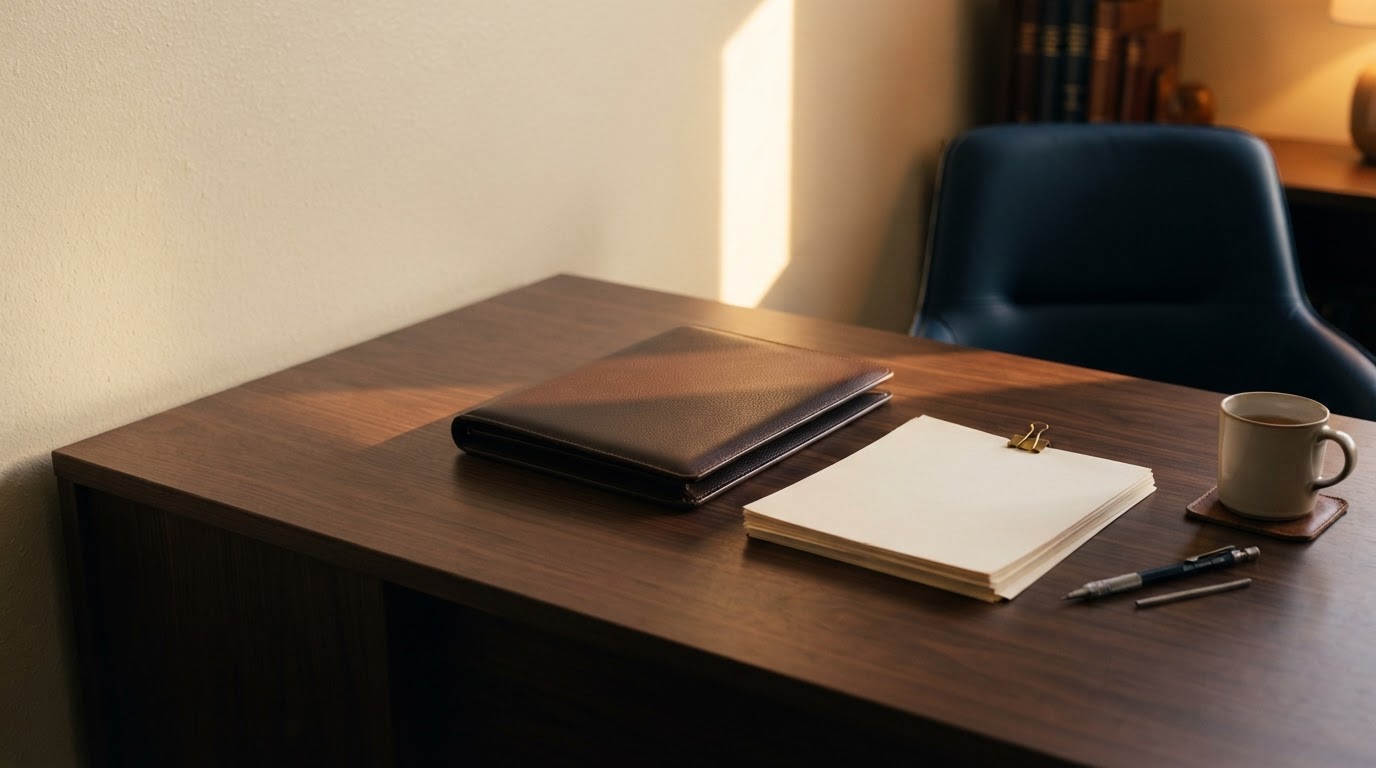 A quiet wooden desk in a CPA office at golden hour — a leather folio and tidy papers cast a long warm shadow.