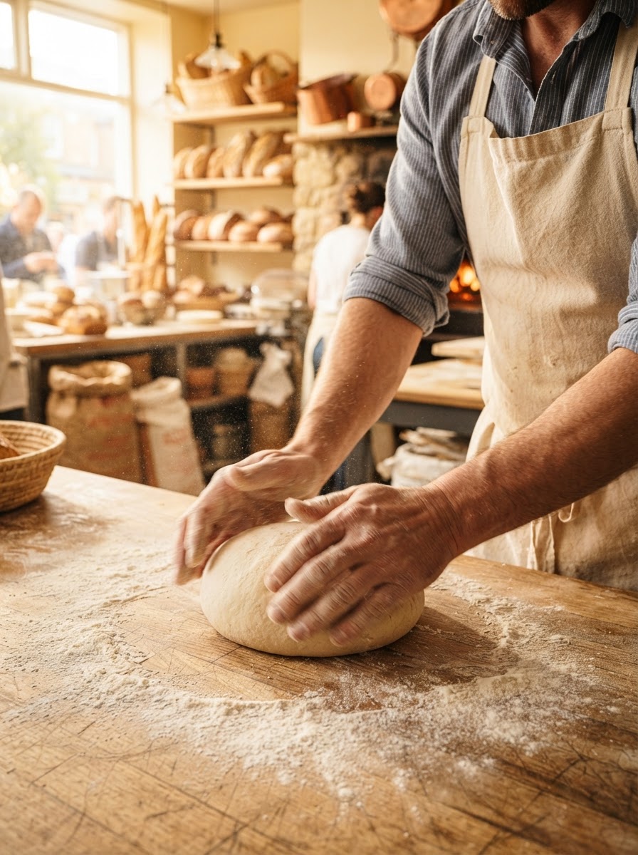 A baker's hands shaping dough on a floured wooden counter in morning light