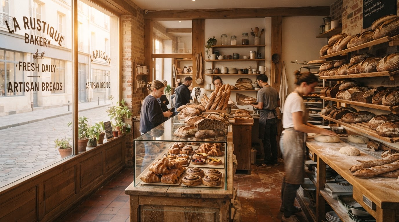 The warm interior of a small artisan bakery with wooden shelves of bread