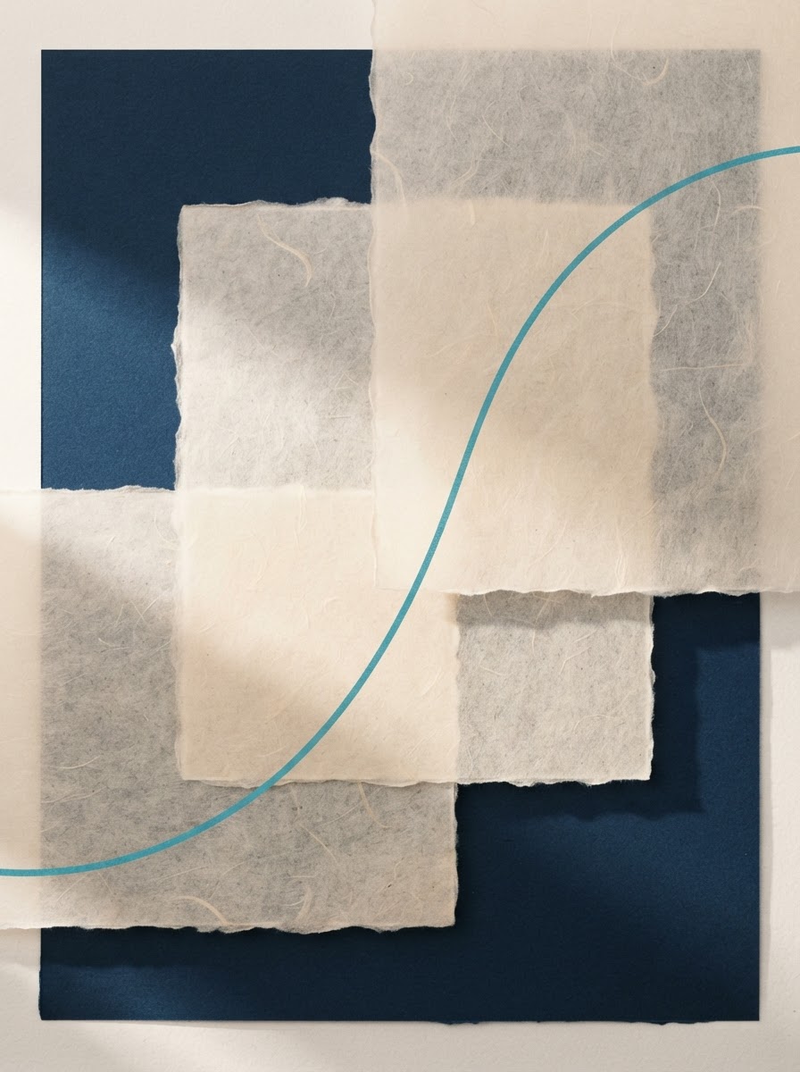 Layered panels over deep navy with a calm teal arc — clarity and protection as a visual metaphor.