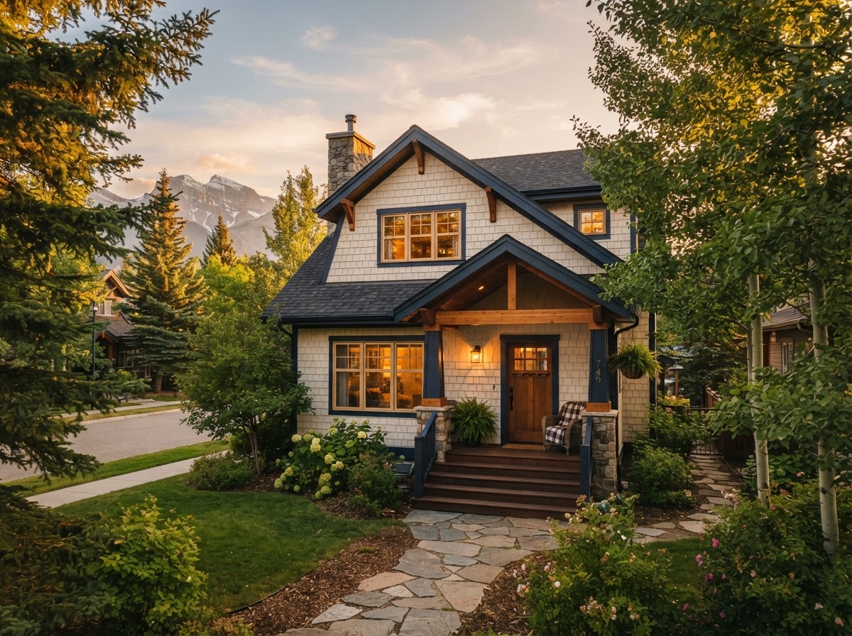 A warm, inviting Alberta rental home at golden hour