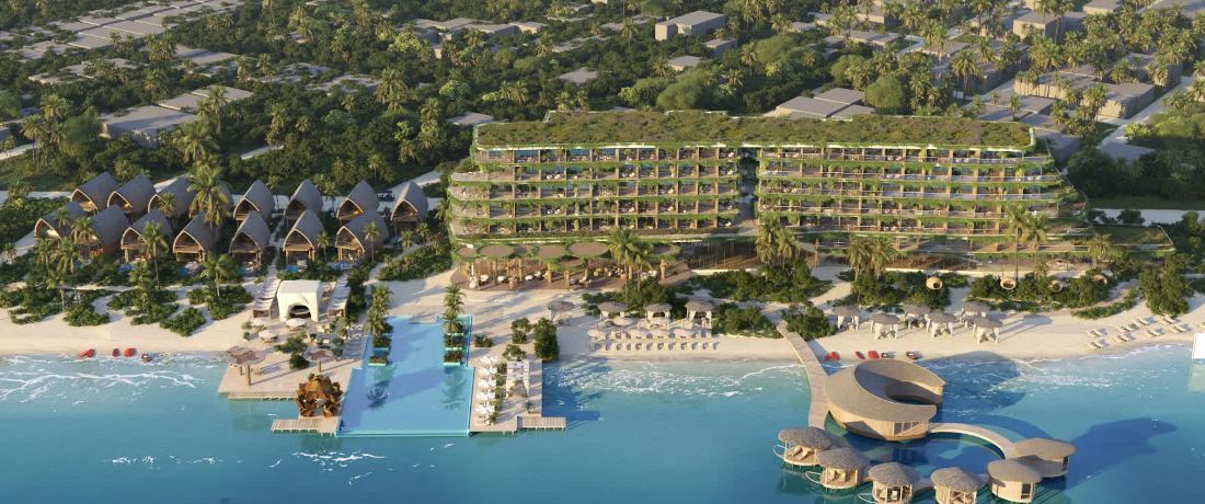 Radisson Resort Maldives tengerparti légi panoráma, privát medence és óceáni pavilonsor