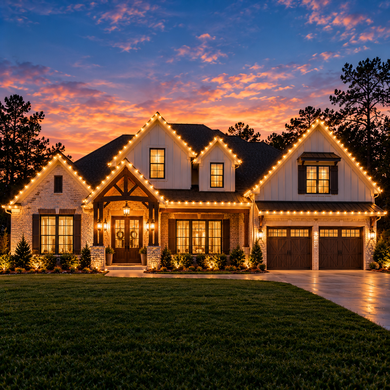 House at night with sparkling warm C9 roofline lights installed by All Good +